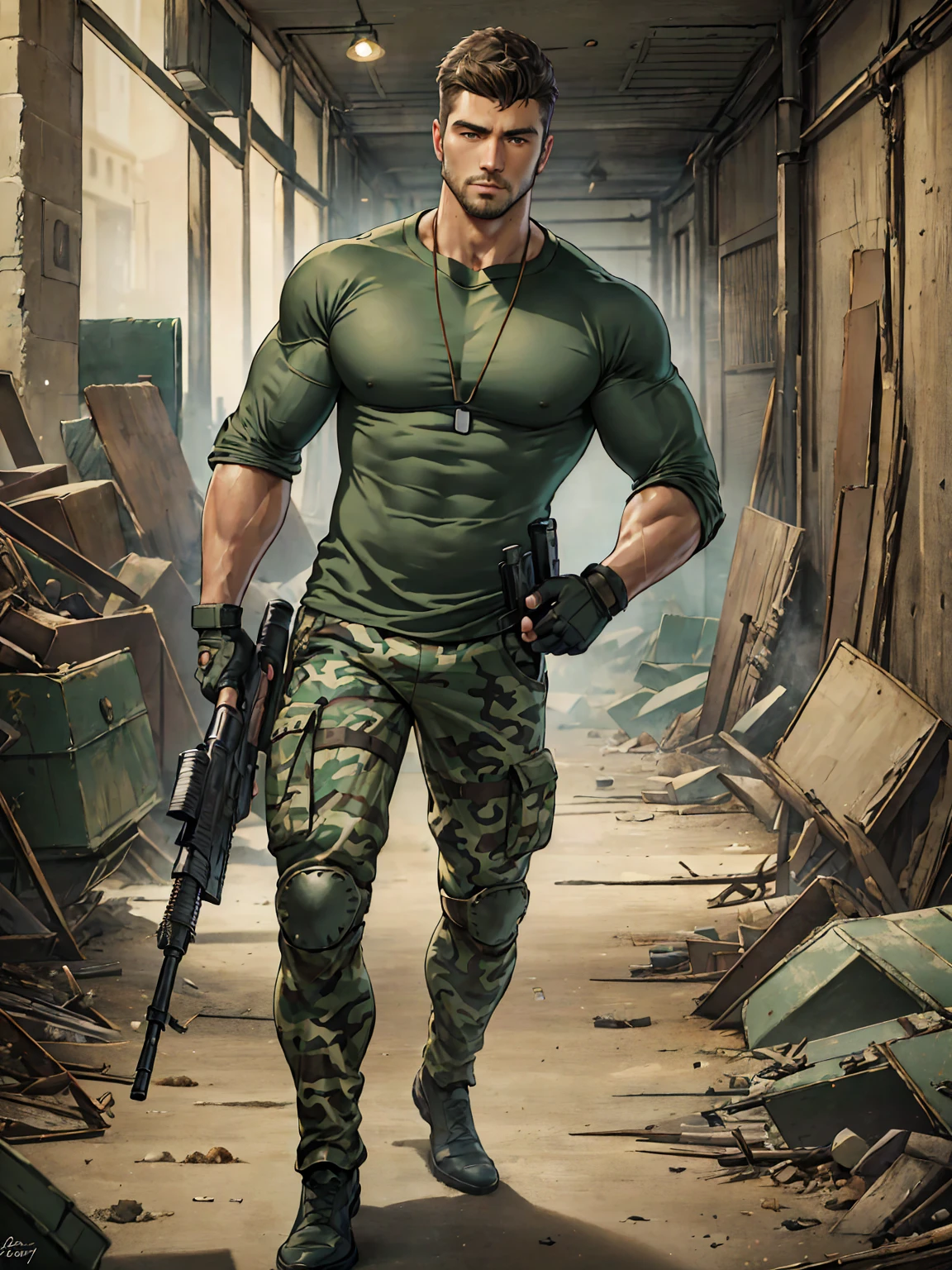 realistic, masterpiece, best quality, cinematic lighting, soft shadow, insane detail, detailed background, professional photography, depth of field, intricate, detailed face, subsurface scattering, realistic hair, realistic eyes, muscular, masculine, photo of a handsome man, indoors, destroyed city, post apocalyptic, camouflage pants, beard, (20 year old), dynamic pose, holding gun, assault rifle, fingerless gloves,Long legs， manly, (green t-shirt), dog tag,