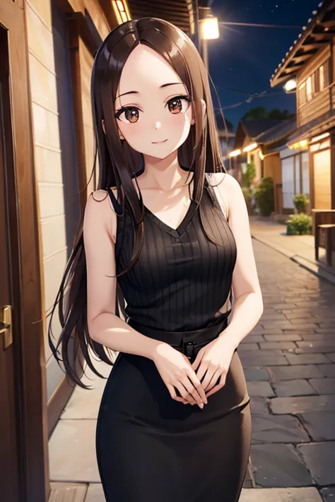 takagi-san、shiny brown hair, long hair,((medium chest、forehead、center part))、 beautiful brown eyes、smile、sparkling eyes, (fine g...