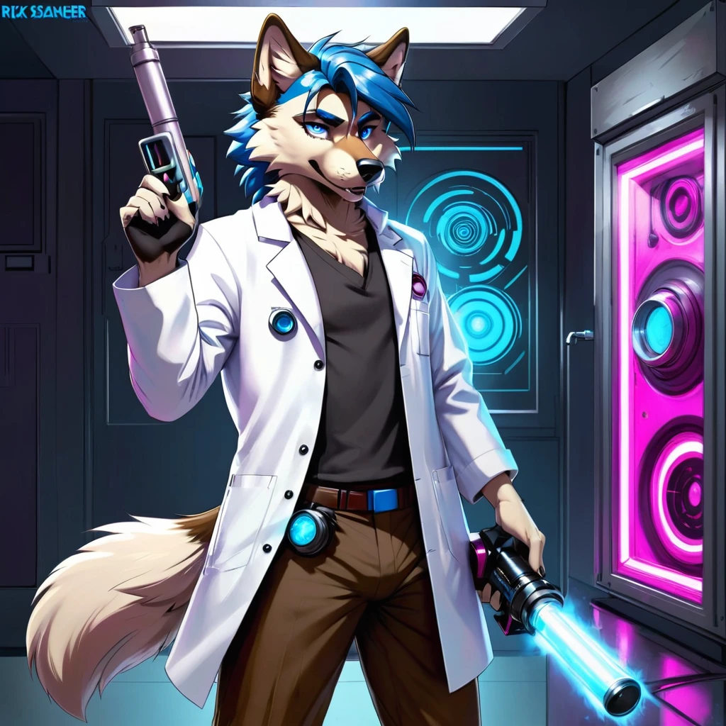 Sexy wolf, Male, furry, blue white, and fuchsia, rick sanchez, black eyes, blue hair, white lab coat, brown pants,(score_9,score_8_up,score_7_up,score_6_up,score_5_up,score_4_up)