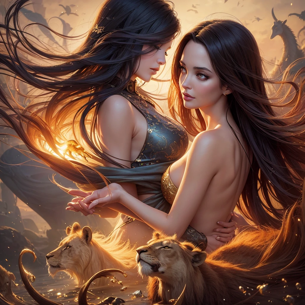 golden hour, front view oil painting of a woman with face of Winona Ryder morphed with Angelina Jolie laughing with gigantic hairdo floating on water, giraffe morphed with lion emerges from water in the background, tears of joy, storks, stunning digital illustration, beautiful fantasy art portrait, a beautiful artwork illustration, charlie bowater rich deep colors, artstyle tom bagshaw, beautiful digital illustration, beautiful fantasy portrait, portrait of a dark fantasy nymph, exquisite digital illustration, in style of anna dittmann