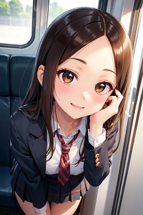 takagi-san、shiny brown hair, long hair,((medium chest、forehead、center part))、 美しいbrown eyes、smile、sparkling eyes, (fine grain)、v...