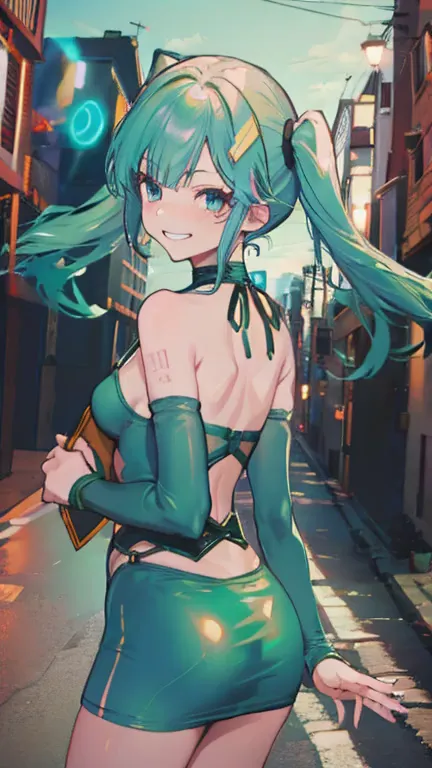 (8k、Best image quality、Highest quality、masterpiece)、Detailed face、((One ))、mesugaki、Blue-green hair、Twin tails、Blue green eyes e...