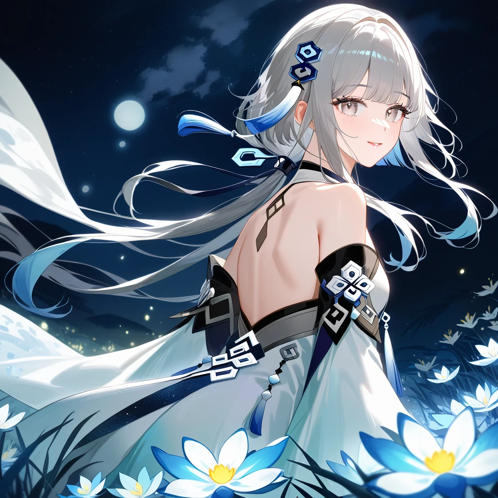 1girl, guizhong_\(genshin_impact\),(grey hair),short_hair_with_long_locks in front and low ponytail in back,gradient_hair,(pale grey eyes with seafoam gradient),starry_sky_print,detached_sleeves white outside blue starry inside, hands completely hidden by long sleeves,stunning field of softly glowing cerulean and white glaze lilies,night scene,gentle smile,face focus, eye focus,ladyshadow,moonlight,glossy lips,vivid anime coloring,cel shading,smooth, soft dreamy focus,anklet,halter_top,white clothes,highly detailed,digital painting,bare_shoulders,barefoot,cool night tones, magical night scene,bokeh, professional,anemo colored fireflies,nebula of stardust and silvery vapor,harmonious blend of nature and art,transcendent beauty,awe-inspiring artwork,(best quality,4k,8k,highres,masterpiece:1.2),cosmic stardust