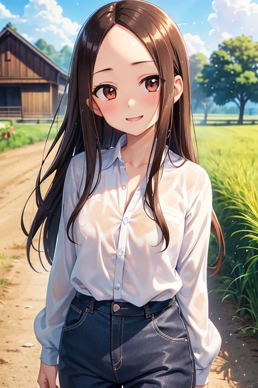 Takagi-san、Shiny brown hair, Long Hair,((Medium chest、Forehead、Center part))、 Beautiful brown eyes、smile、Sparkling eyes, (fine grain)、Very fine eye、Highly detailed face, Highly detailed eyes, Cowboy Shot、 


countryside,Rice Field,Walking the Streets,1 girl,cloudy,Sweat,,Summer uniform,thin,blush,Happy