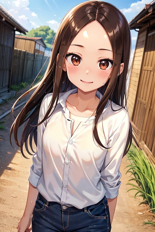 Takagi-san、Shiny brown hair, Long Hair,((Medium chest、Forehead、Center part))、 Beautiful brown eyes、smile、Sparkling eyes, (fine grain)、Very fine eye、Highly detailed face, Highly detailed eyes, Cowboy Shot、 


countryside,Rice Field,Walking the Streets,1 girl,cloudy,Sweat,,Summer uniform,thin,blush,Happy