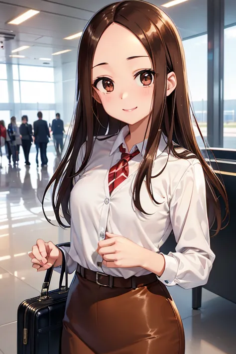 takagi-san、shiny brown hair, long hair,((medium chest、forehead、center part))、 beautiful brown eyes、smile、sparkling eyes, (fine g...