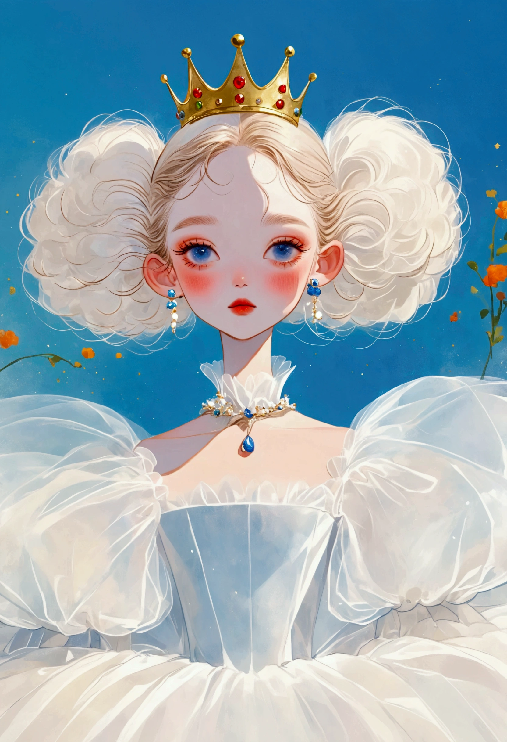 Pastel Art：1 beautiful and elegant girl，Elf ears，Golden crown，(((Puffy Tulle Dress，Exaggerated sleeves，Fluffy，FluffyWhite薄纱)))，White+blue+orange color