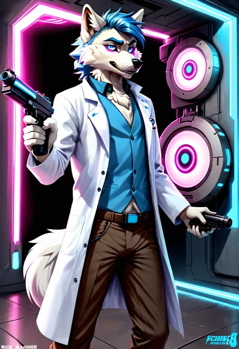 sexy wolf, male, furry, blue white, and fuchsia, rick sanchez, black eyes, blue hair, white lab coat, brown pants, holding one o...