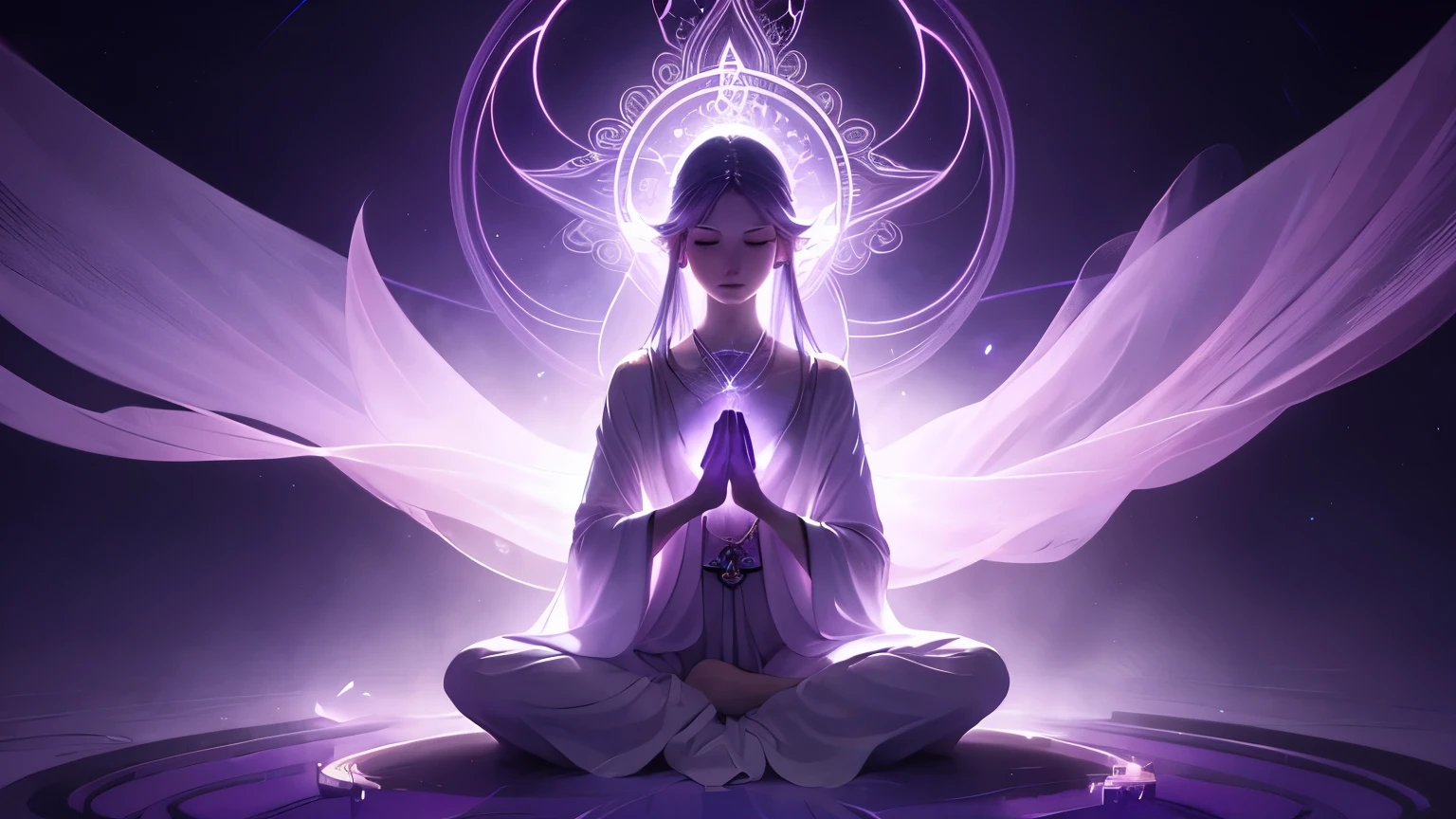 "Ethereal image of a person meditating, surrounded by soft purple and white light, spiritual energy streams, mystical symbols floating around, dreamy atmosphere, digital art style, centered composition"