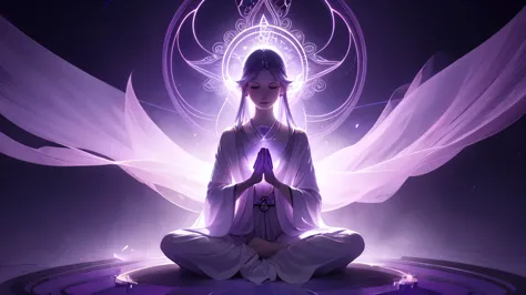 "ethereal image of a person meditating, surrounded by soft purple and white light, spiritual energy streams, mystical symbols fl...