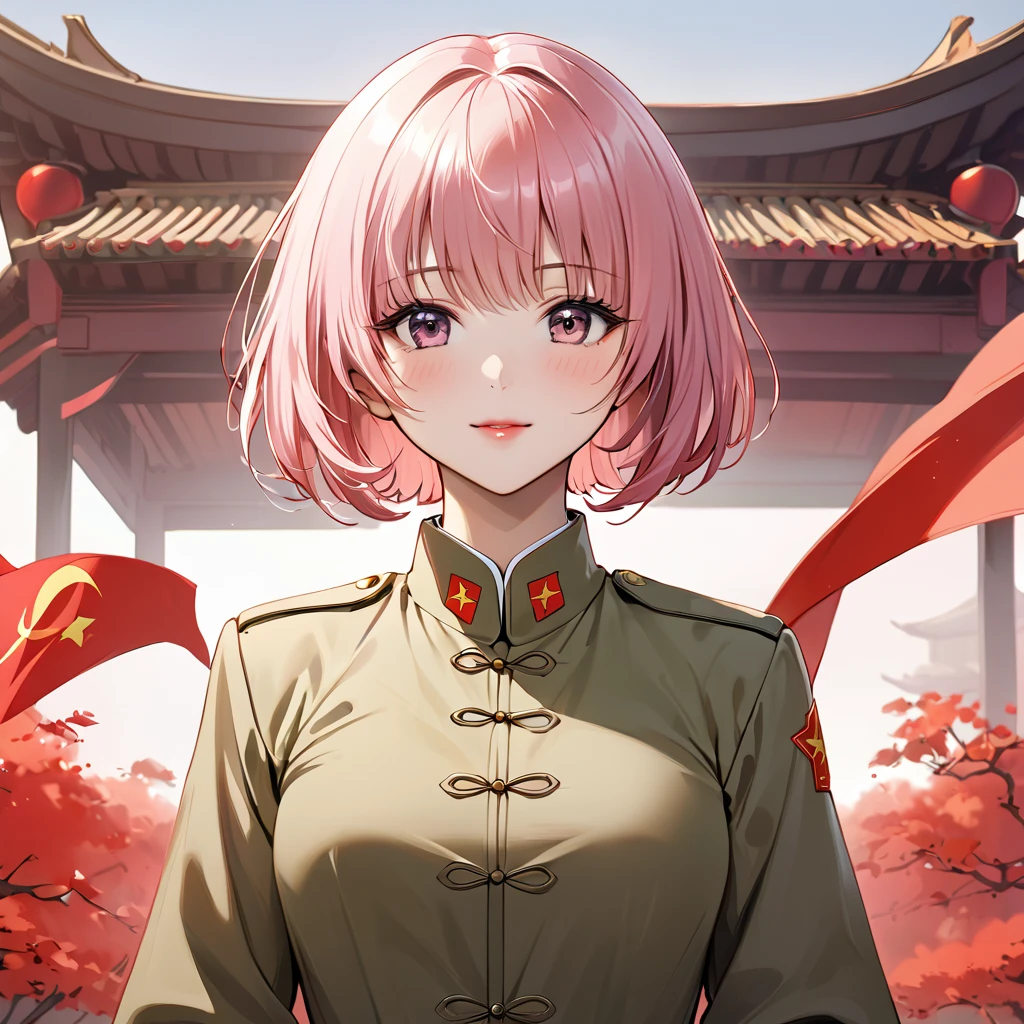 ((Highest quality)), ((masterpiece)), (detailed), （Perfect Face）、The woman is Chinese Momo Beria Deviluke, a Chinese woman with pink short bob hair and an engagement ring. She is a member of the glorious Chinese Communist Party and has sworn absolute loyalty to the Chinese Communist Party. She is a righteous Communist Party member of the ruling China and the wife of a great Communist Party official.、The woman is wearing the khaki Mao suit of the Chinese Communist Party.、For the sake of China, their hairstyles, clothes, and everything they wear are all Chinese Communist Party items, and their thoughts are also Chinese, becoming great Chinese in body and mind.、The woman became Momo Belia Deviluke, a Chinese woman who was proud of and loved China.、She is serving China as a member of the great Communist Party of China.、The woman is a beautiful, respectable and exemplary Communist Party member.