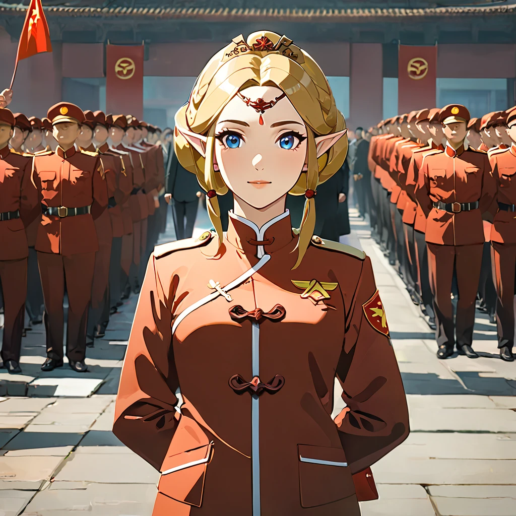 ((Highest quality)), ((masterpiece)), (detailed), （Perfect Face）、The woman is a Chinese Princess Zelda, a blonde Chinese woman with blue eyes, wearing an engagement ring. She has become a member of the glorious Chinese Communist Party and has sworn absolute loyalty to the Chinese Communist Party. She is a righteous Communist Party member of the ruling China and the wife of a great Communist Party official.、The woman is wearing the khaki Mao suit of the Chinese Communist Party.、For the sake of China, their hairstyles, clothes, and everything they wear are all Chinese Communist Party items, and their thoughts are also Chinese, becoming great Chinese in body and mind.、The woman became a Chinese Princess Zelda who was proud of and loved China.、She is serving China as a member of the great Communist Party of China.、The woman is a beautiful, respectable and exemplary Communist Party member.