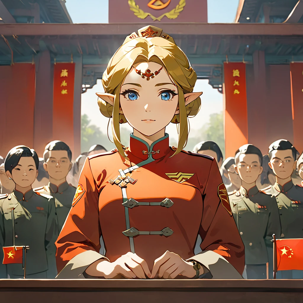 ((Highest quality)), ((masterpiece)), (detailed), （Perfect Face）、The woman is a Chinese Princess Zelda, a blonde Chinese woman with blue eyes, wearing an engagement ring. She has become a member of the glorious Chinese Communist Party and has sworn absolute loyalty to the Chinese Communist Party. She is a righteous Communist Party member of the ruling China and the wife of a great Communist Party official.、The woman is wearing the khaki Mao suit of the Chinese Communist Party.、For the sake of China, their hairstyles, clothes, and everything they wear are all Chinese Communist Party items, and their thoughts are also Chinese, becoming great Chinese in body and mind.、The woman became a Chinese Princess Zelda who was proud of and loved China.、She is serving China as a member of the great Communist Party of China.、The woman is a beautiful, respectable and exemplary Communist Party member.