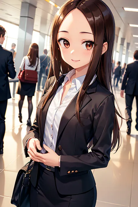 takagi-san、shiny brown hair, long hair,((medium chest、forehead、center part))、 beautiful brown eyes、smile、sparkling eyes, (fine g...