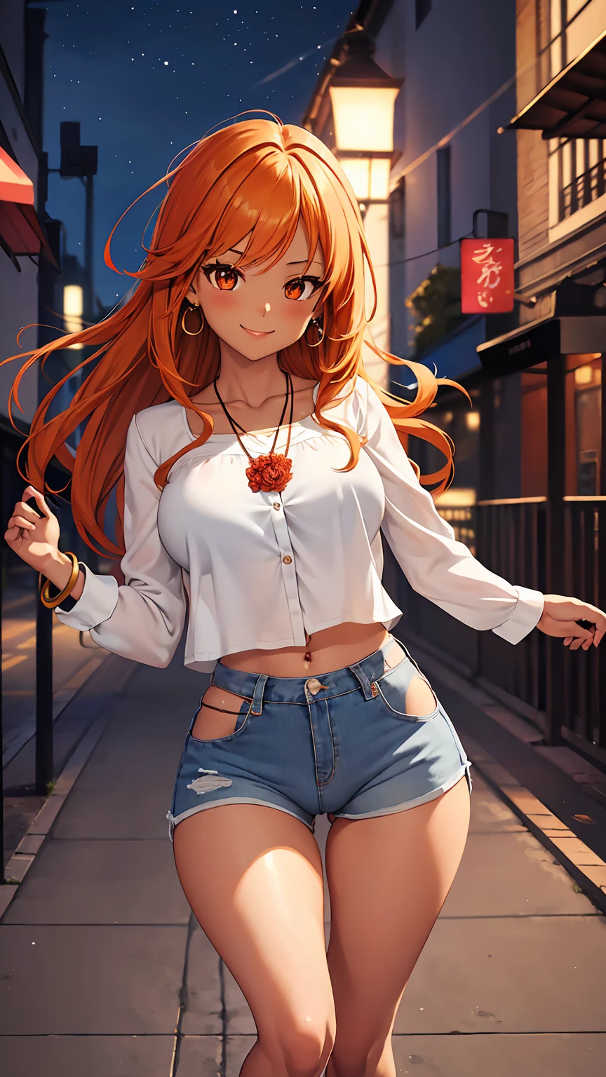 1girl, anime girl, anime, (dark skin), stylish girl, bracelet, necklace, earrings, 2d girl, 18y, (fullbody), standing, anime girl, seductive smile, (orange hair), flowing hair, hair flowing in the wind, ((white blouse)), Solo, Slim, Big Breasts, Tight Shorts, low waist shorts, upshorts, outdoors, night background, flowers, looking at viewer, darker shadows, (((Wedgie))), (((explicit))), (((explicit))), (((shorts))), (((absurdres))), (((thigh gap))), (((cameltoe))), (((lowleg shorts))), (((Detailed description vagina)))