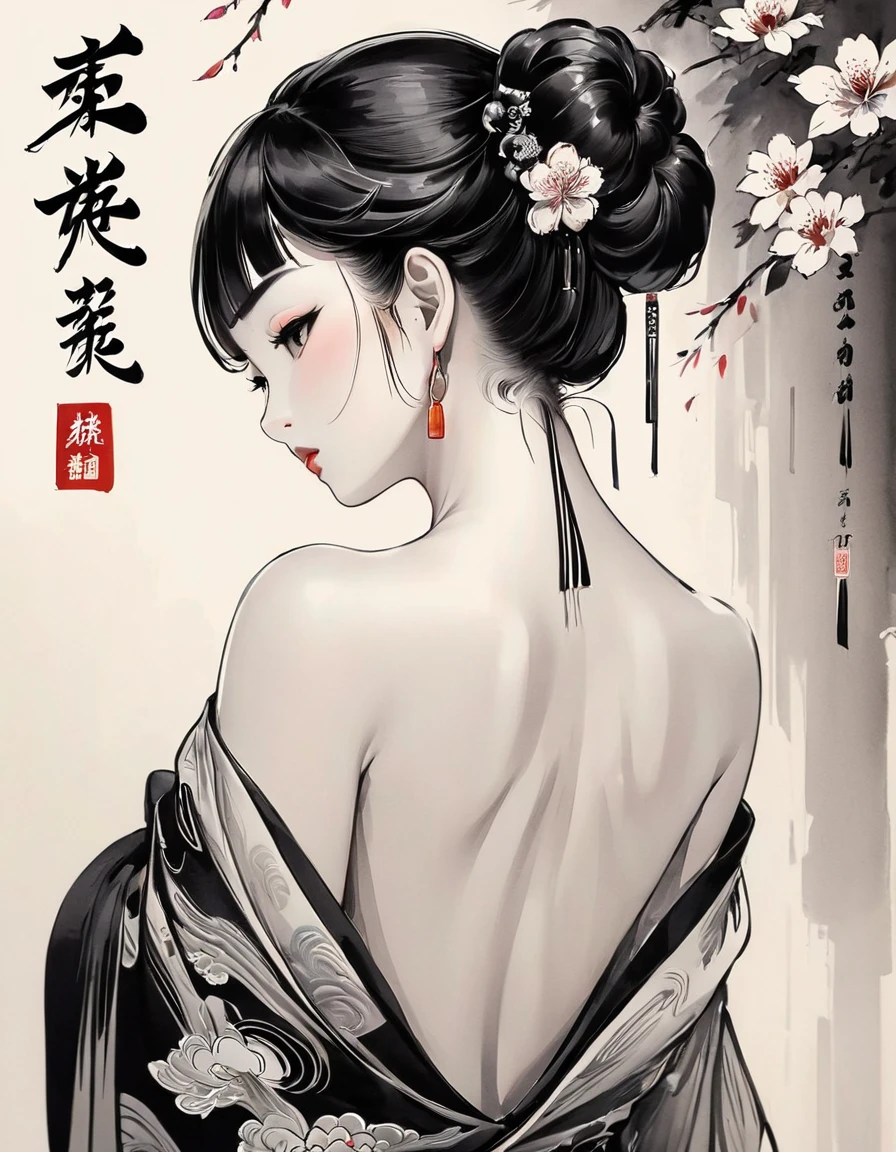 Chinese traditional ink Body Art style, (Draws the graceful figure of a woman with simple lines），Please step back, Undulating lines, Thick and thin lines, (Body Art）,
Line art, Black and white painting,Drawing Characters,Line art,Lyrical abstraction, Fountain Pen Art,gel pen,Pencil Art,