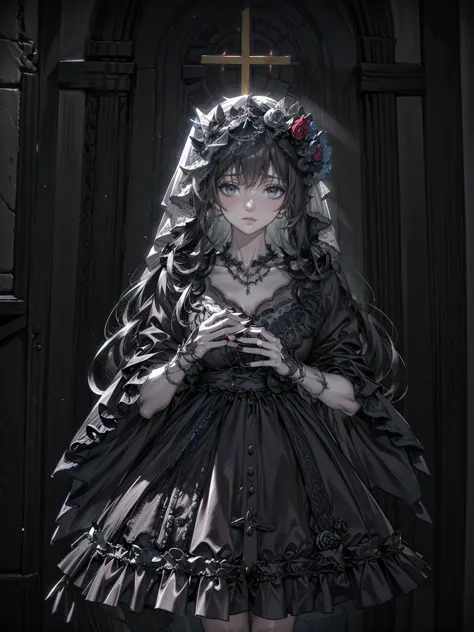 create an image set with a photorealistic dark chapel, illuminated only by moonlight, featuring an anime-style girl character as...