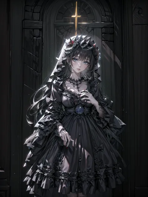 create an image set with a photorealistic dark chapel, illuminated only by moonlight, featuring an anime-style girl character as...