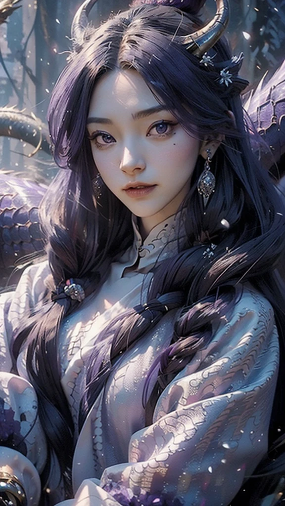 Fair, elegant, slight, oriental adult woman, Long flowing hair(purple), face shape (cold) ,Sexy (Small Mouth), Dragon Horn (purple),, Wearing dragon costume ( purple), 