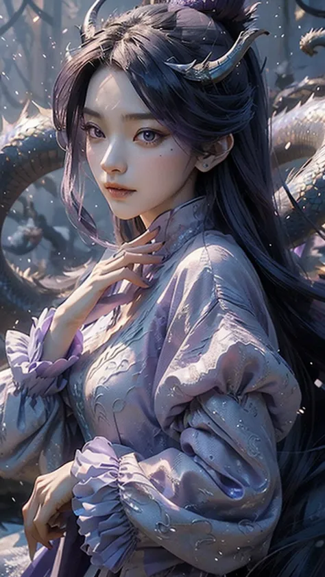 fair, elegant, slight, oriental adult woman, long flowing hair(purple), face shape (cold) ,sexy (small mouth), dragon horn (purp...