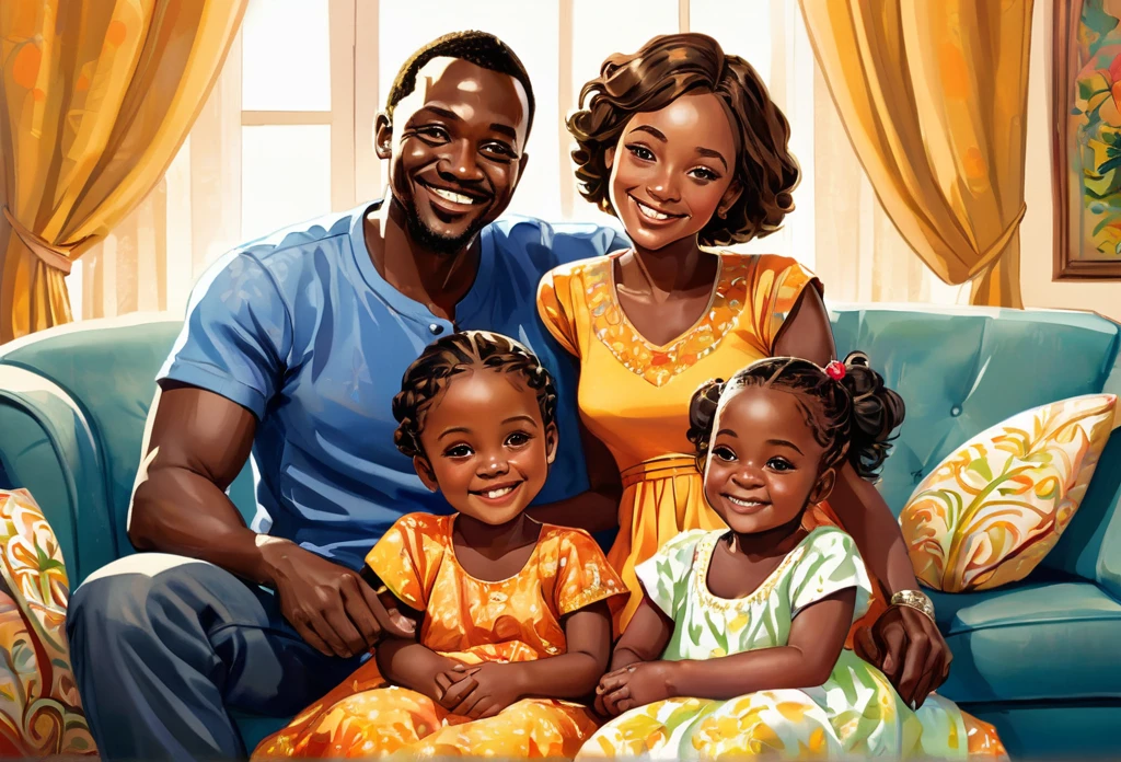 A family of five, father, mother, a six years old boy sitting in the middle a thirteen years old girl, and a one year old baby girl on her mother's lap, sitting on a couch together, smiling, family, casual dress,  Indoor. 
African (masterpiece best quality:1.2) delicate illustration ultra-detailed, illustrations, bright, colourful, 