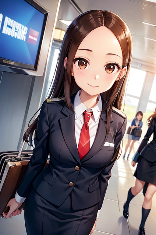 


Flight attendant in uniform walking through the airport with suitcase and handbag、Flight Attendant Uniform:1.5、Perfect Style、sexy、Takagi-san、Shiny brown hair, Long Hair,((Medium chest、Forehead、Center part))、 Beautiful brown eyes、smile、Sparkling eyes, (fine grain)、Very fine eye、Highly detailed face, Highly detailed eyes, Cowboy Shot、 