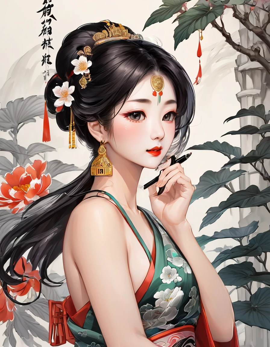 Chinese traditional ink Body Art style, (Draws the graceful figure of a woman with simple lines），Please step back, Undulating lines, Thick and thin lines, (Body Art）,
Line art, Black and white painting,Drawing Characters,Line art,Lyrical abstraction, Fountain Pen Art,gel pen,Pencil Art,