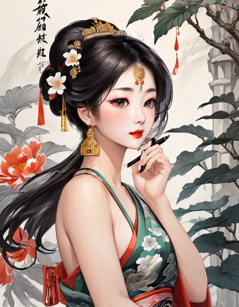 chinese traditional ink body art style, (draws the graceful figure of a woman with simple lines），please step back, undulating li...