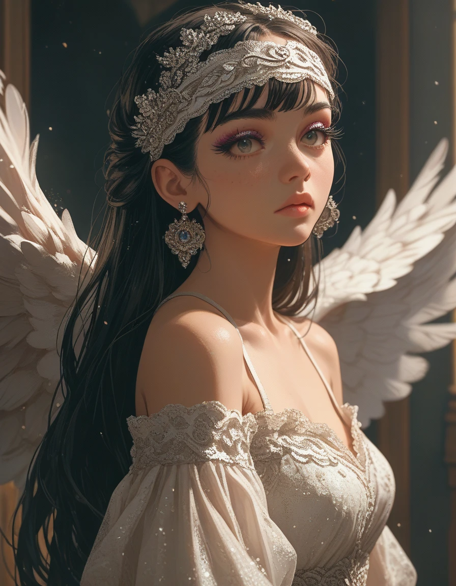 score_9, score_8_up, score_7_up, 1girl , lace headband, lace dress, winged eyeliner, long eyelashes, white glitter eyeshadow, fringe,moles under eyes,  earrings, 