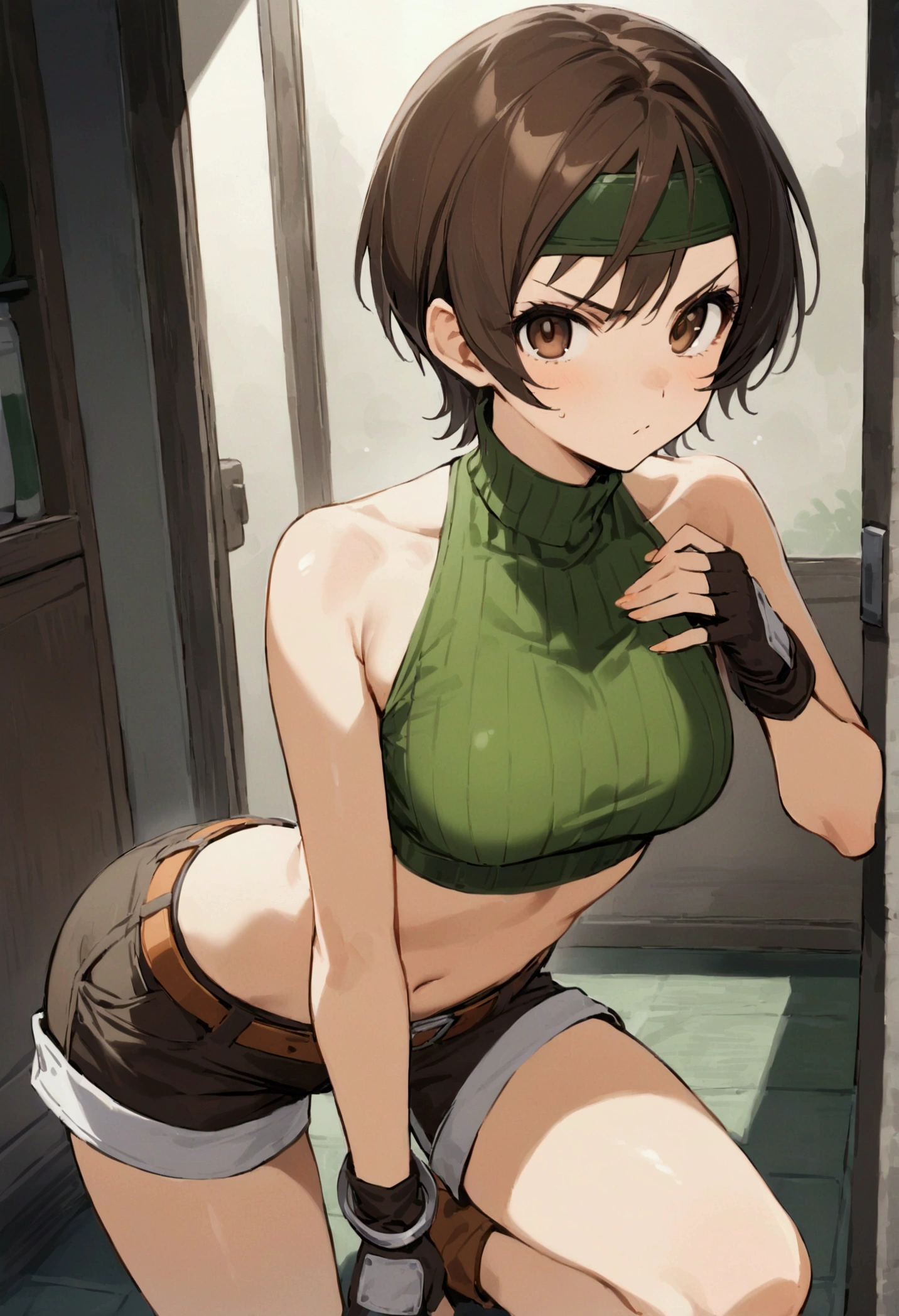 score_9, score_8_up, score_7_up,BREAK best quality,high quality,masterpiece,aesthetic,very aesthetic,　soro,1girl,yuffie kisaragi,, final fantasy,short hair,headband,navel,sleeveless,turtleneck
brown eyes,
sleeveless turtleneck,gloves,crop top,brown hair,shorts,midriff,sweater,open fly,fingerless gloves,ribbed sweater,looking at viewer,,v-shaped eyebrows,wide eyes,open stance,