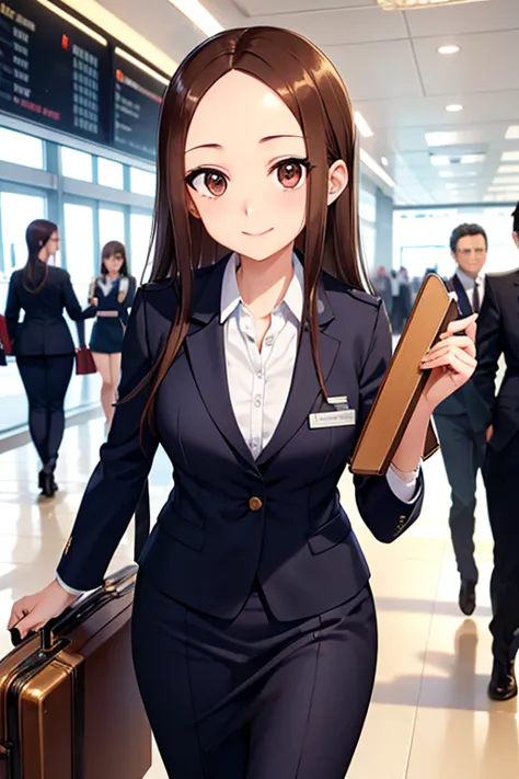 flight attendant in uniform walking through the airport with suitcase and handbag、flight attendant uniform:1.5、perfect style、sex...