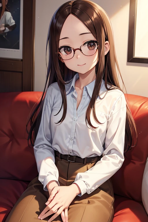 Takagi-san、Shiny brown hair, Long Hair,((Medium chest、Forehead、Center part))、 Beautiful brown eyes、smile、Sparkling eyes, (fine grain)、Very fine eye、Highly detailed face, Highly detailed eyes, Cowboy Shot、 


Highest quality、masterpiece、High sensitivity、High resolution、Detailed Description、Slender women、Glasses、Sitting on the couch、In the middle of a video game、