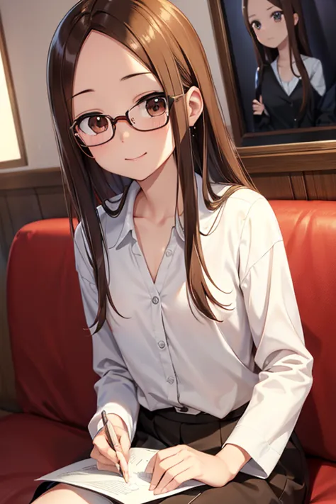 takagi-san、shiny brown hair, long hair,((medium chest、forehead、center part))、 beautiful brown eyes、smile、sparkling eyes, (fine g...