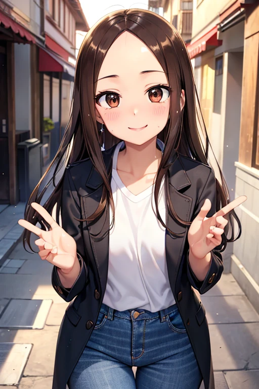 Takagi-san、Shiny brown hair, Long Hair,((Medium chest、Forehead、Center part))、 Beautiful brown eyes、smile、Sparkling eyes, (fine grain)、Very fine eye、Highly detailed face, Highly detailed eyes, Cowboy Shot、 


(high quality, High resolution, The finer details), 
break (Black long coat), break (White shirt, Denim pants), Stylish decorations, alone, Curvy Women, , smile, blush, Sweat, Oily skin, Shallow depth of field、In town
