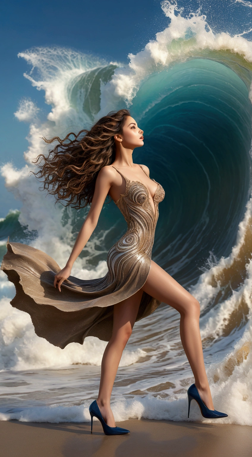 image of a {1girl stunning pose, photo_model pose, perfect proportional anatomy, girl with high heels, UHD, intricate detailed, 8k, best quality ever, masterpiece, super detailed, unleashed creativity, beyond imagination, dramatic light, gradient motion color background}, rough, high tide wave, weathered and textured