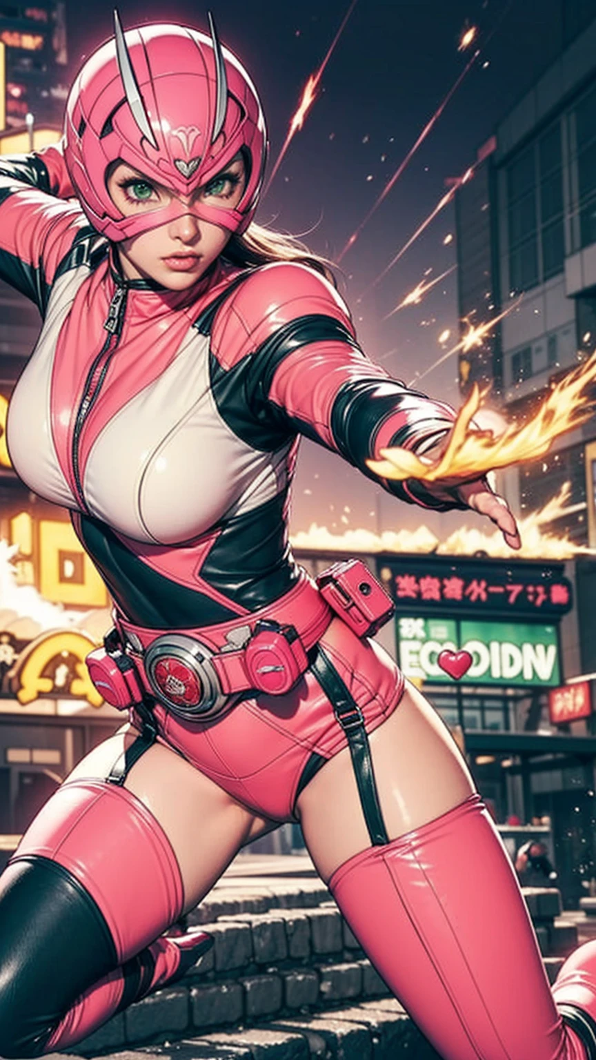 Clean eyes, good better hand, Solo, A brave and courageous image of a 6 member ranger team, Each one is decorated in vibrant colors such as:: ((Pink)), red is front of center, violet, Green, yellow, blue black, white,. Heart motif belt, Dynamic poses in a background that exudes energy and courage, neon, fire, plasma, Fluorescent, shocking, pink big bomber, splashing pink, running, fighting pose, action pose, Embodying the essence of the classic Sentai superhero team. Each Ranger:: The attire is sophisticated and modern, Each color has elements that reflect its theme., Ready for action. ((Camel Toe)), weapons, in sunset background , in cinematic lighting, cover art mixed cinema poster style,