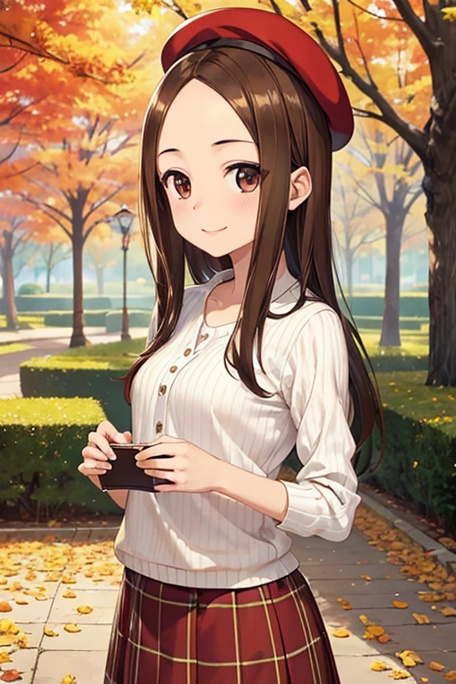 Takagi-san、Shiny brown hair, Long Hair,((Medium chest、Forehead、Center part))、 Beautiful brown eyes、smile、Sparkling eyes, (fine grain)、Very fine eye、Highly detailed face, Highly detailed eyes, Cowboy Shot、 


1 Woman Standing, Mature Woman, /(Ribbed shirt/) /(Red Check Skirt/) beret, /, 赤面する優しいsmile, (Masterpiece Top quality:1.2) Delicate illustrations, super detailed,  Lower your arms BREAK /(Outdoors in a public park/) Brick road, Autumn leaves on a tree々, Detailed Background