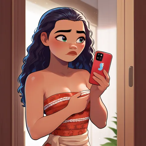 score_9_presence, score_8_up, moana, wrapped in towel, medium breasts, holding phone