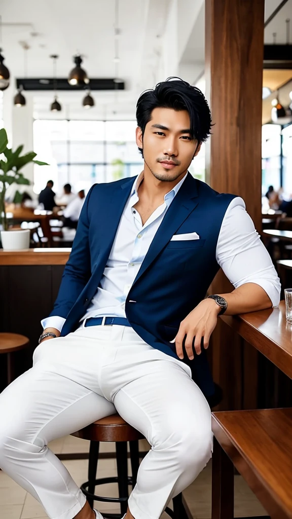 Asian，A handsome and sexy man，Wearing casual white shorts and a blue suit,and formal pants, , He has a beautiful face,And stylish black hair, He is sitting in a cafe, Open your legs, Seductive pose,(Cat)