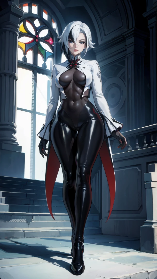 thick outlines, comics, photorealistic, perfect hands, masterpiece:1.2, body and face close, portrait of a girl, ass pov, tight clothes, beautiful figure, red crosses instead of pupils, full length (full body 1.1), кафедральный cathedral, Dark, Gothic,  detailed background, snow, cathedral, 1 girl, One, White hair, black hair, multicolored hair, X-shaped pupils, black eyes, Arles_suit, , detailed background, detailed face, detailed eyes, 