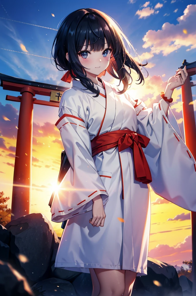 Rikka body,  Black Hair, blue eyes, Long Hair, orange Scrunchie, Scrunchie, wrist Scrunchie,smile,blush,White Kimono, kimono,Red Hakama,White tabi,Sandals Wide Sleeve, Long sleeve, Ribbon-trimmed sleeves,  Blunt bangs, Low ponytail, Are standing,whole bodyがイラストに入るように,sunset,evening,The sun is setting,
break outdoors, shrine,torii,
break looking at viewer, whole body, (Cowboy Shot:1. 5),
break (masterpiece:1.2), Highest quality, High resolution, unity 8k wallpaper, (figure:0.8), (Beautiful attention to detail:1.6), Highly detailed face, Perfect lighting, Highly detailed CG, (Perfect hands, Perfect Anatomy),