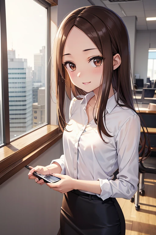 Takagi-san、Shiny brown hair, Long Hair,((Medium chest、Forehead、Center part))、 Beautiful brown eyes、smile、Sparkling eyes, (fine grain)、Very fine eye、Highly detailed face, Highly detailed eyes, Cowboy Shot、 


1 Woman Standing, /(casual shirt/) (Black Pencil Skirt:1.1) /(ID card strap/), 
Mature Woman, /Moaning, Release your lips, blush, sexy,
 (Masterpiece Top quality:1.2) Delicate illustration super detailed BREAK /(Modern office indoors/), Skyscraper with windows