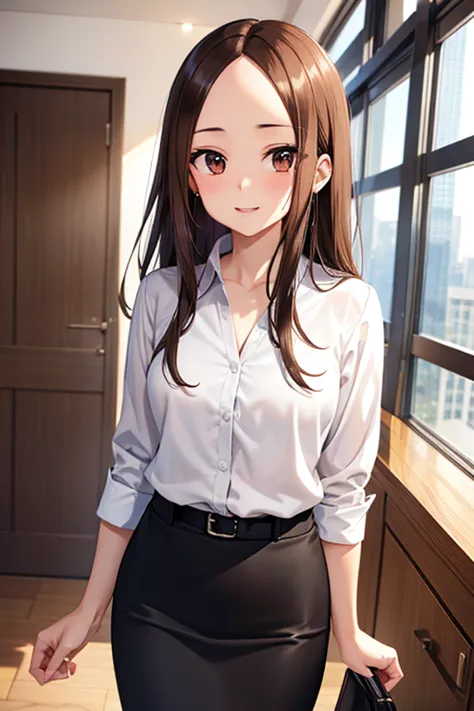 takagi-san、shiny brown hair, long hair,((medium chest、forehead、center part))、 beautiful brown eyes、smile、sparkling eyes, (fine g...