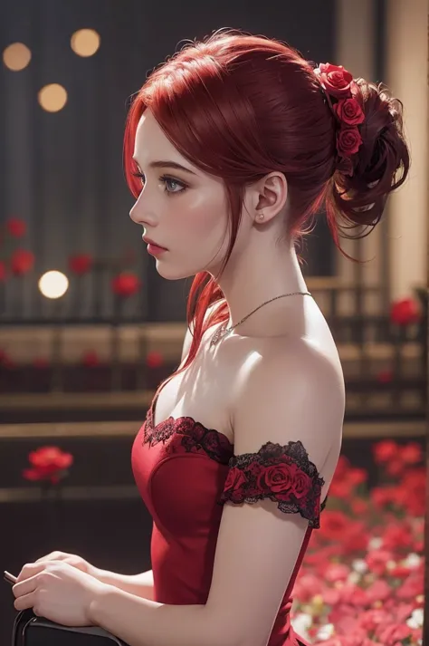 girl , 1solo, ponytail hairstyle ,auburn-red-hair , hold flowers , digital painting, dramatic lighting, ultra realistic, smooth,...