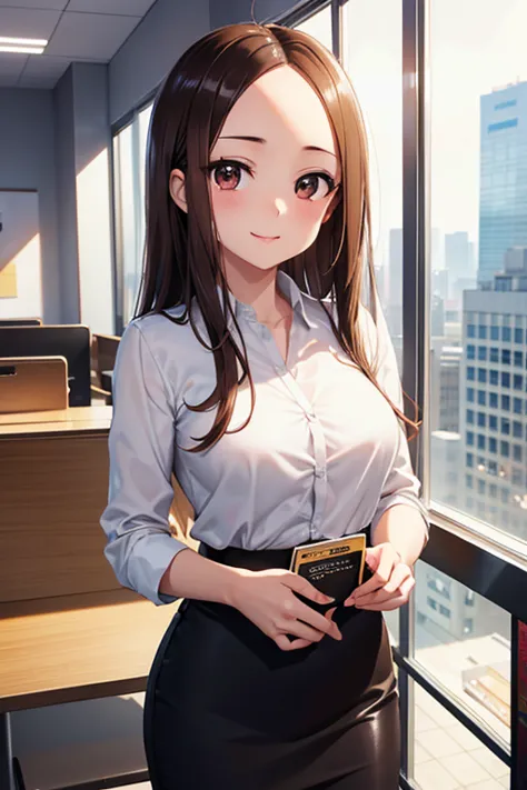 takagi-san、shiny brown hair, long hair,((medium chest、forehead、center part))、 beautiful brown eyes、smile、sparkling eyes, (fine g...