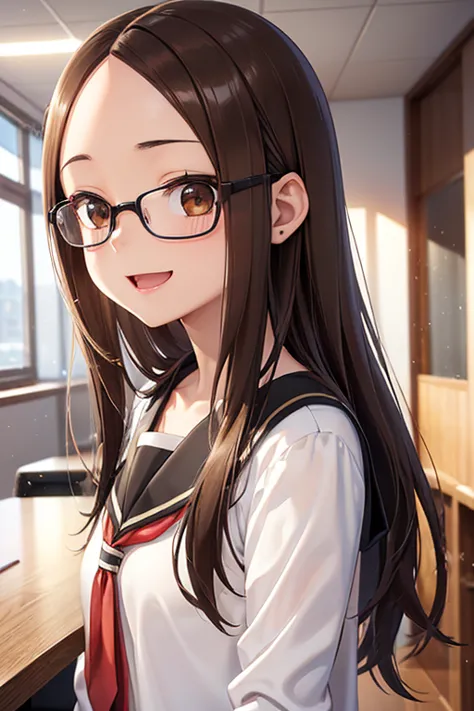 takagi-san、shiny brown hair, straight long hair,((medium chest、forehead、center part))、 beautiful brown eyes、smile、sparkling eyes...