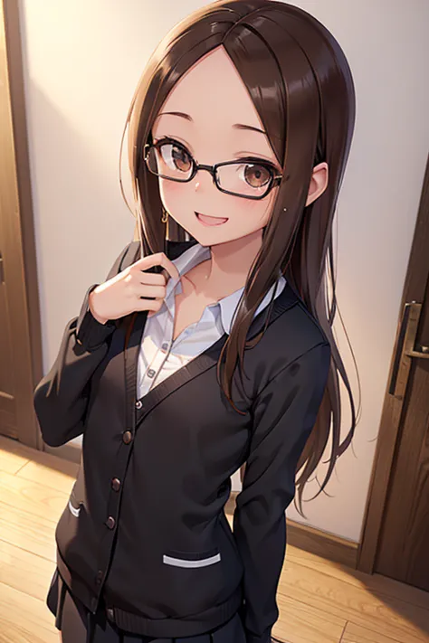 takagi-san、shiny brown hair, straight long hair,((medium chest、forehead、center part))、 beautiful brown eyes、smile、sparkling eyes...