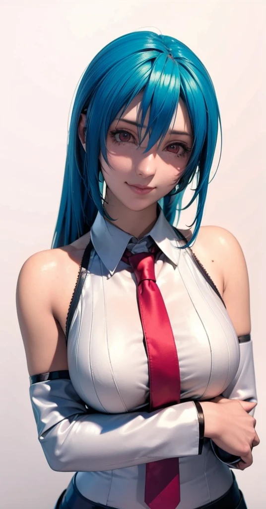 masterpiece, hatsune miku, White shirt, Blue tie, Exposing shoulders, The sleeves are separated, Evil Smiley Face, Dark Skin, Red eyes, Iris, Pupil orange,