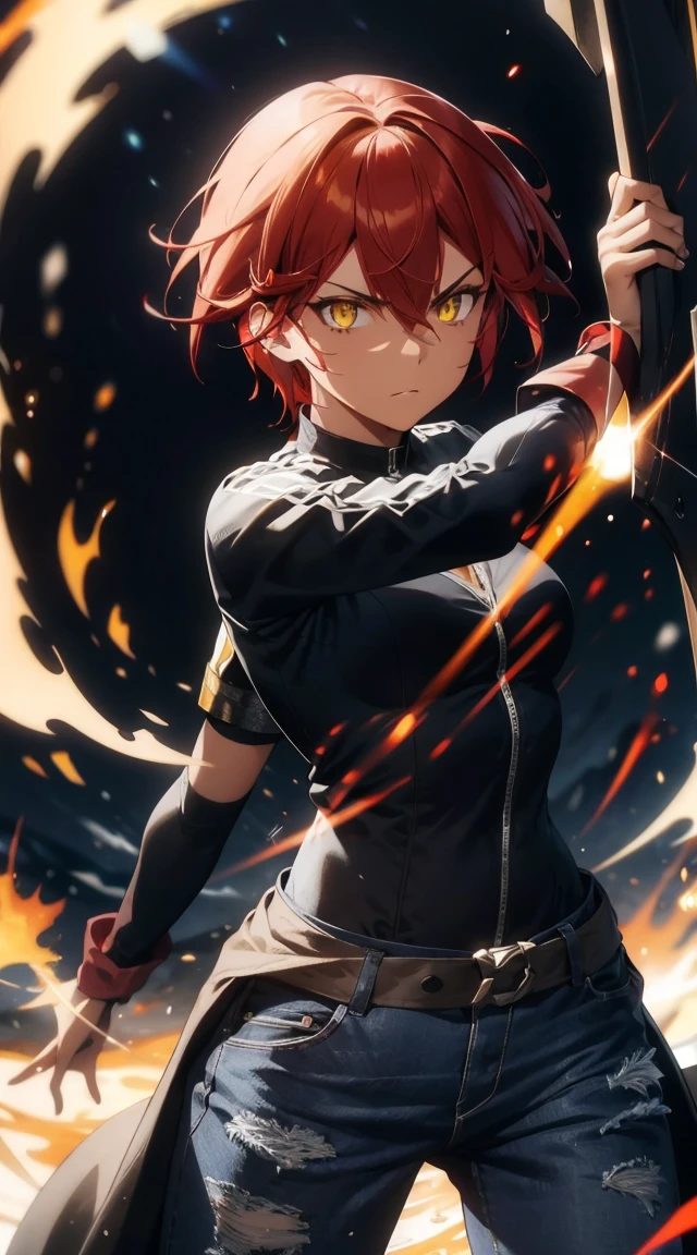 Woman, fight pose, Baddas stare,Hold a red sword with a blue flame emblem, red long  Pixie hair, yellow eyes, yellow short shirt, black long pants jeans, black Jacket sweater ,In the middle of the shirt there is an omega symbol,HD lighting and dark )<=(epic image quality)dark atmosphere with bright particle light(many effects in background) , red hair, yellow eyes, dark skin 