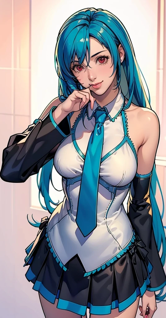 masterpiece, hatsune miku, White shirt, Blue tie, Exposing shoulders, The sleeves are separated, Evil Smiley Face, Dark Skin, Red eyes, Iris, Pupil orange,